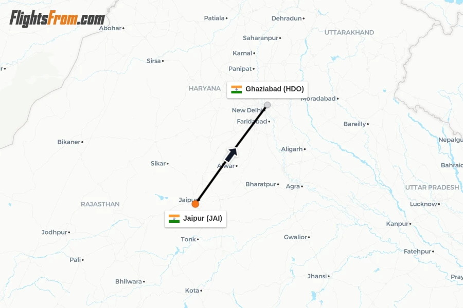 Flights from Jaipur to Ghaziabad route map
