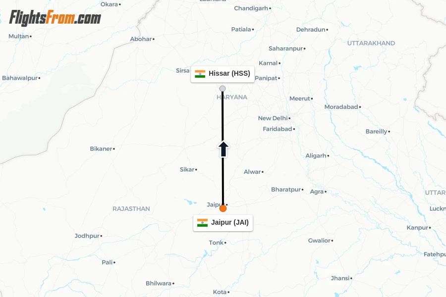 Flights from Jaipur to Hissar route map