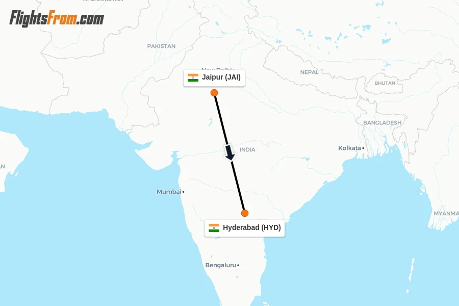 Flights from Jaipur to Hyderabad route map