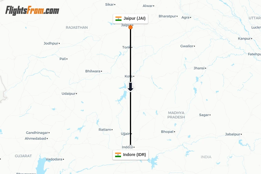 Flights from Jaipur to Indore route map
