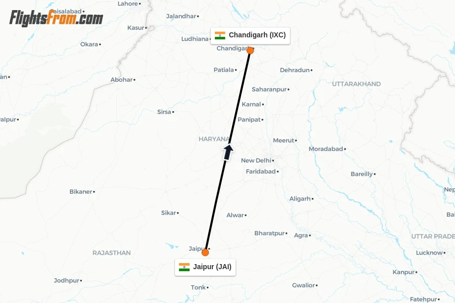Flights from Jaipur to Chandigarh route map