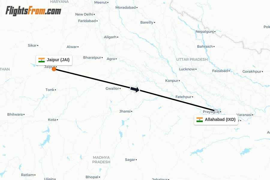 Flights from Jaipur to Allahabad route map