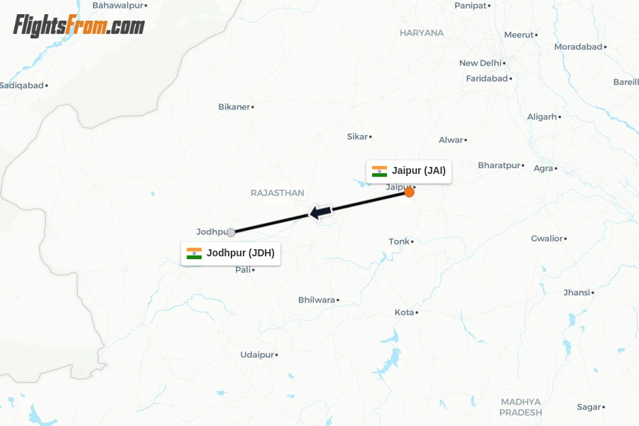 Flights from Jaipur to Jodhpur route map