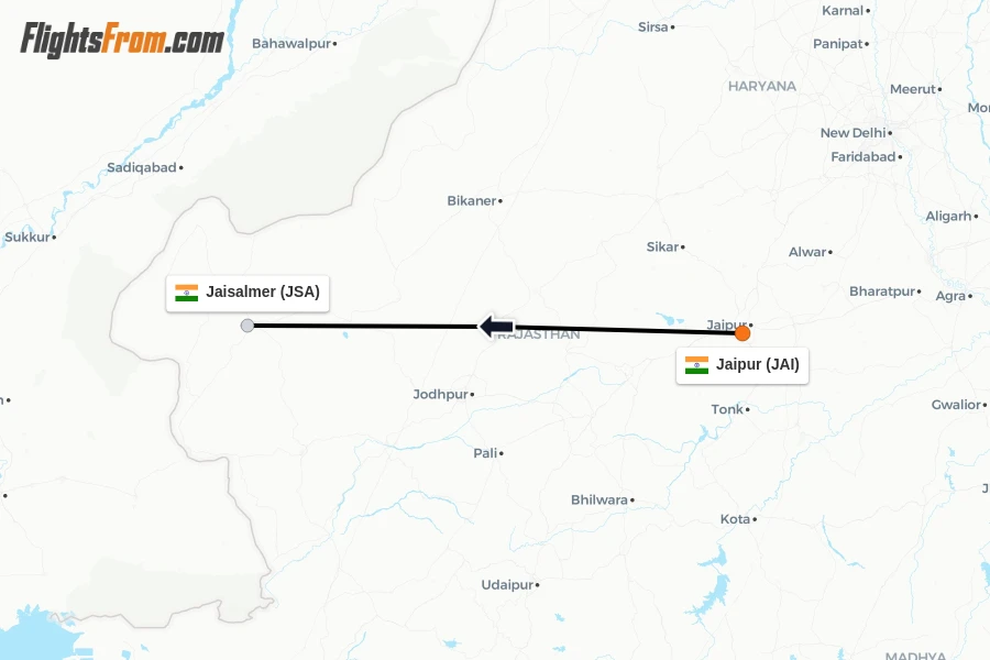 Flights from Jaipur to Jaisalmer route map