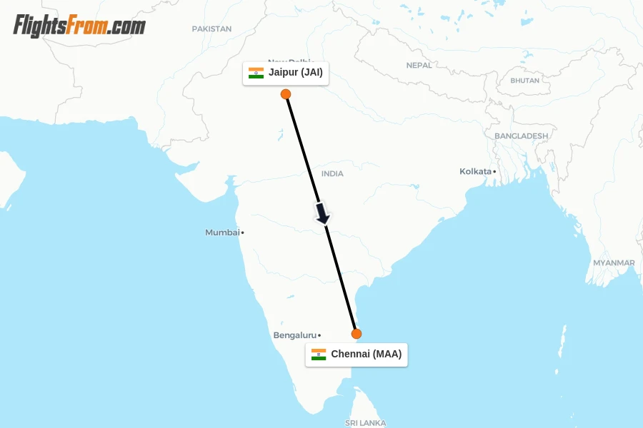 Flights from Jaipur to Chennai route map