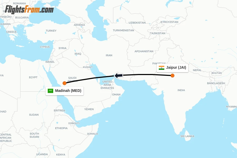 Flights from Jaipur to Madinah route map