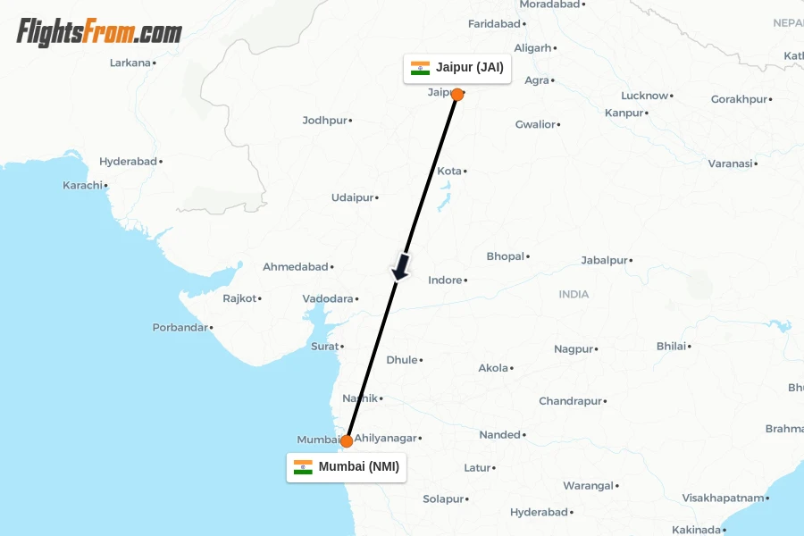 Flights from Jaipur to Mumbai route map