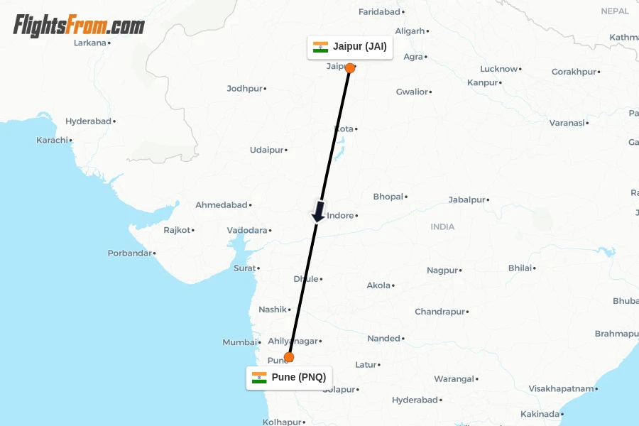 Flights from Jaipur to Pune route map