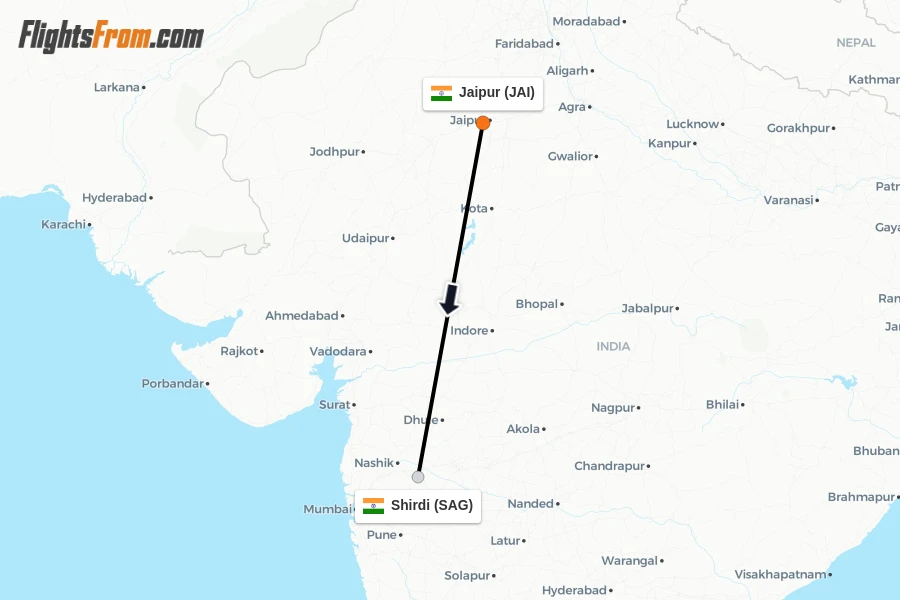 Flights from Jaipur to Shirdi route map