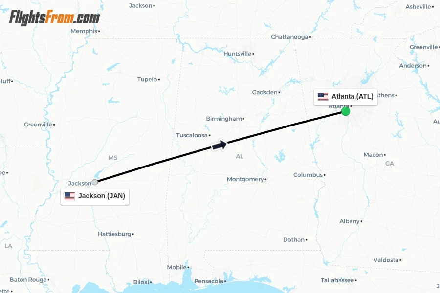 Flights from Jackson to Atlanta route map