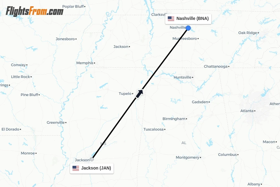 Flights from Jackson to Nashville route map