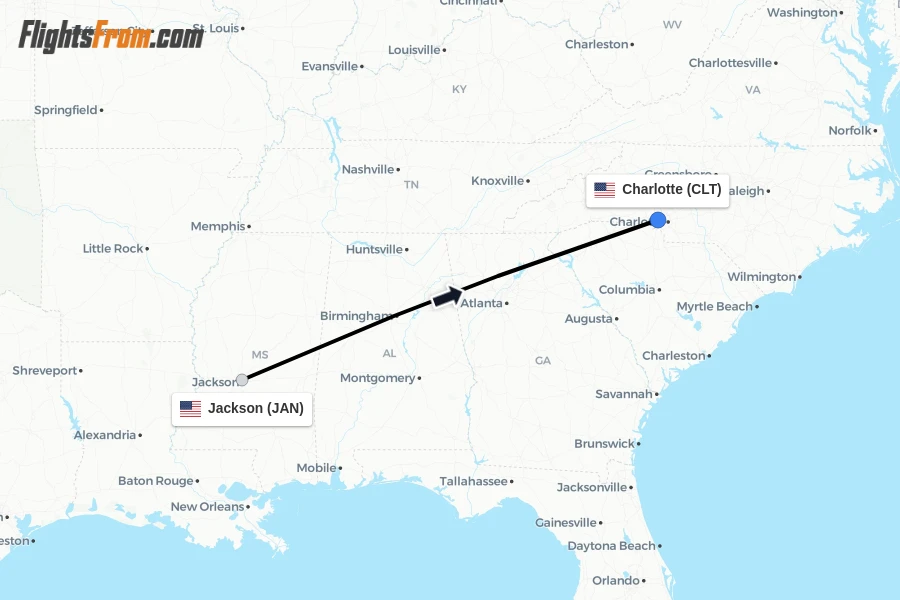 Flights from Jackson to Charlotte route map