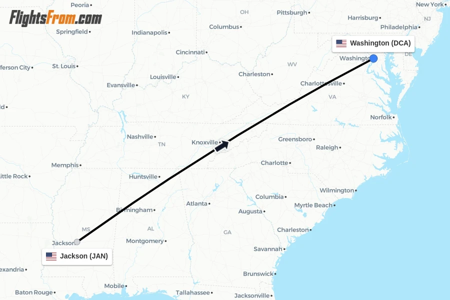 Flights from Jackson to Washington route map