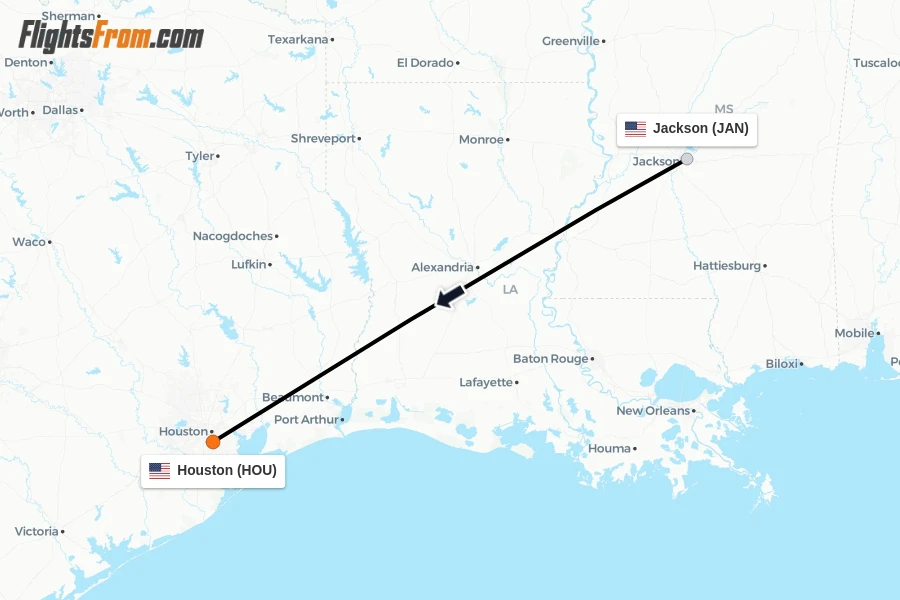 Flights from Jackson to Houston route map