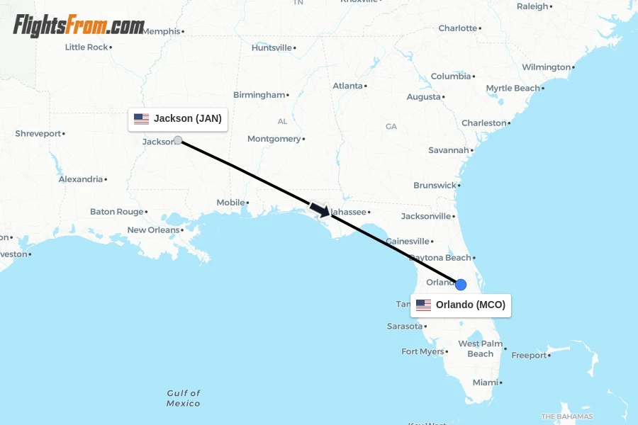Flights from Jackson to Orlando route map
