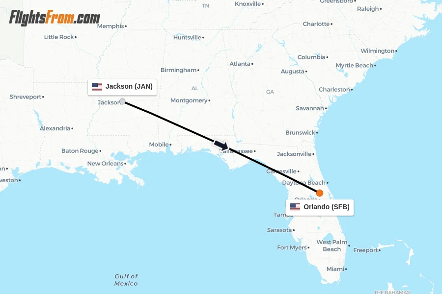 Flights from Jackson to Orlando route map