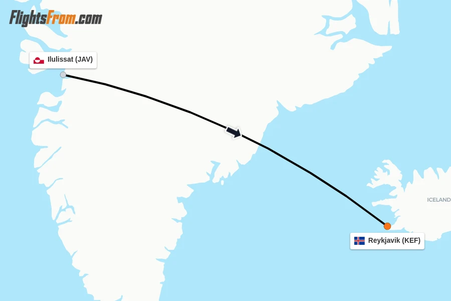 Flights from Ilulissat to Reykjavik route map