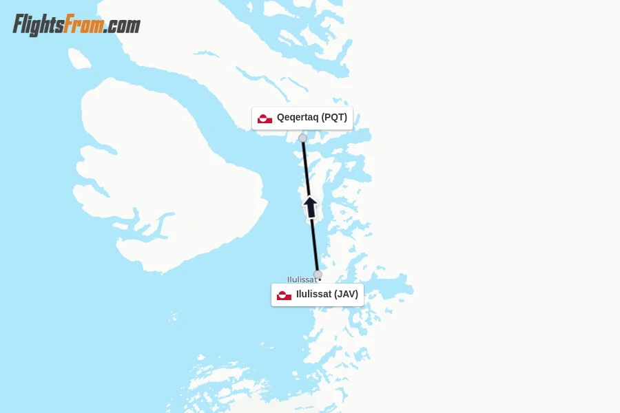 Flights from Ilulissat to Qeqertaq route map