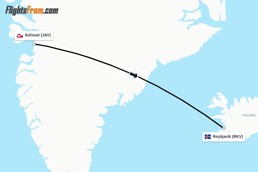 Flights from Ilulissat to Reykjavik route map