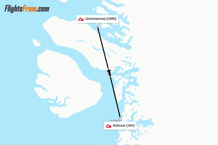 Flights from Ilulissat to Uummannaq route map