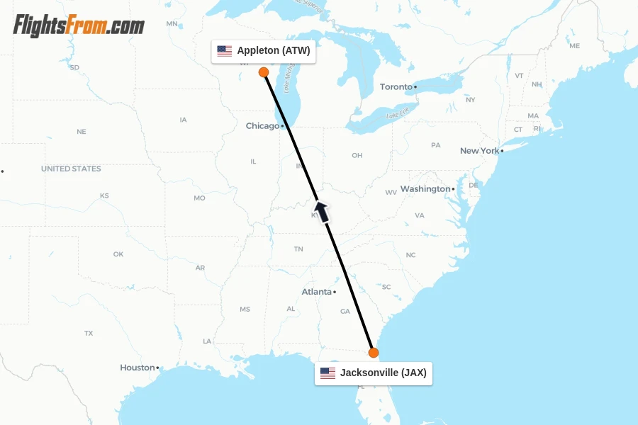 Flights from Jacksonville to Appleton route map