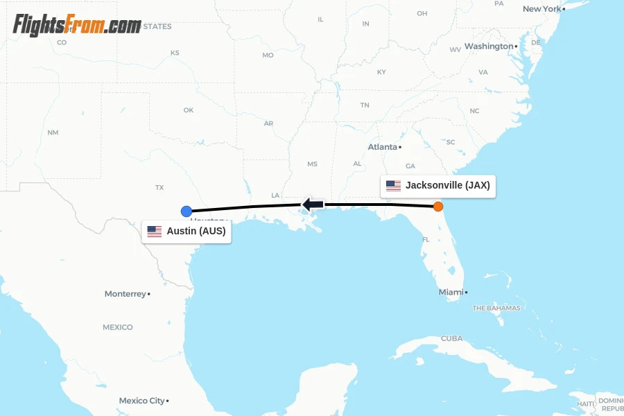 Flights from Jacksonville to Austin route map