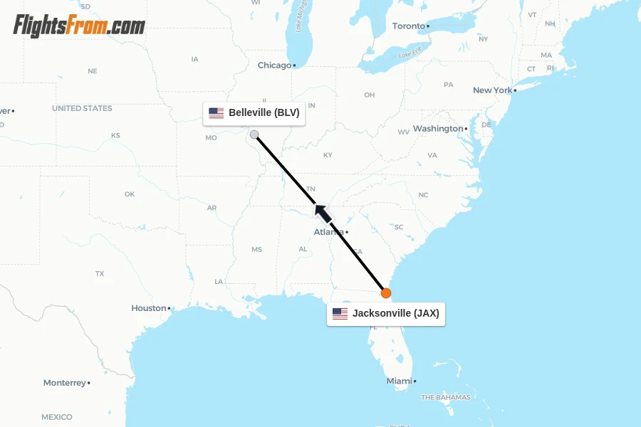 Flights from Jacksonville to Belleville route map
