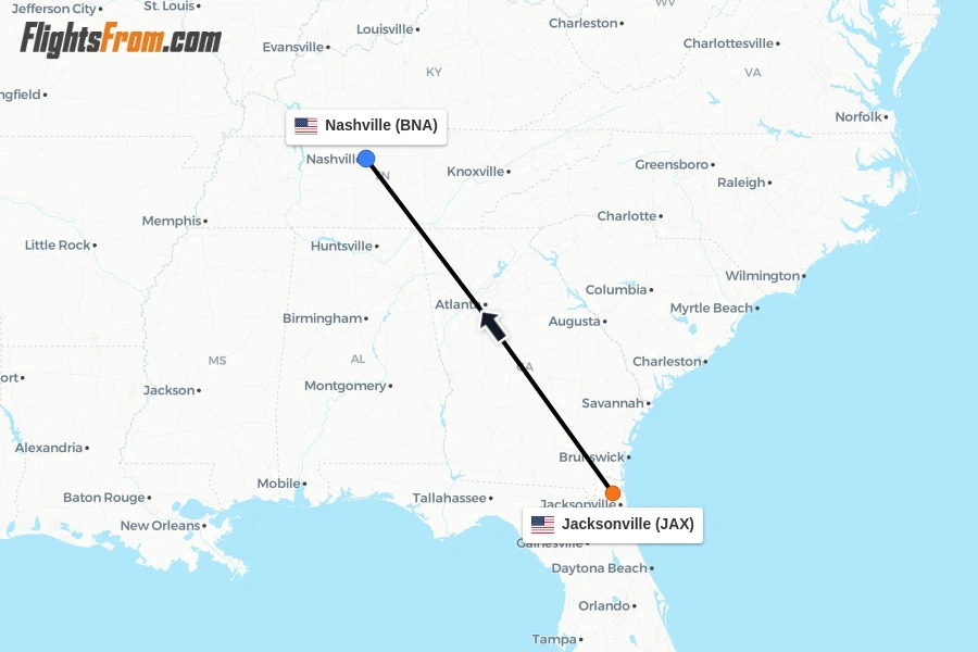 Flights from Jacksonville to Nashville route map