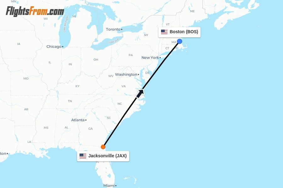 Flights from Jacksonville to Boston route map