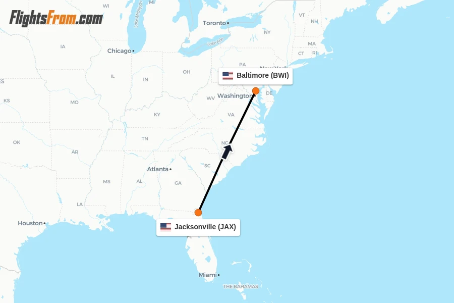 Flights from Jacksonville to Baltimore route map
