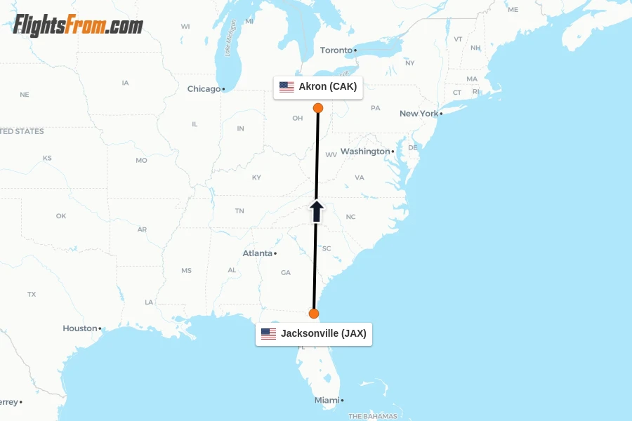 Flights from Jacksonville to Akron route map