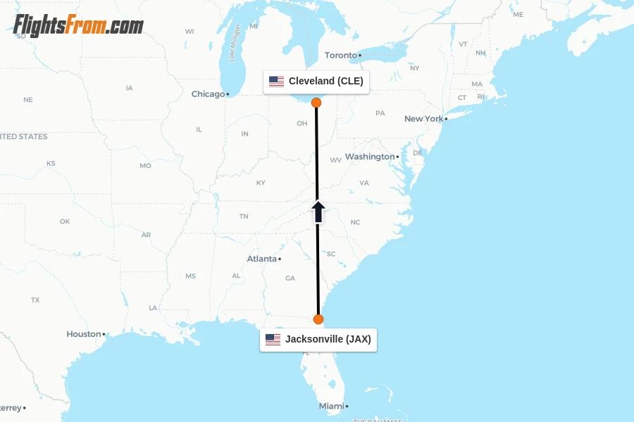 Flights from Jacksonville to Cleveland route map