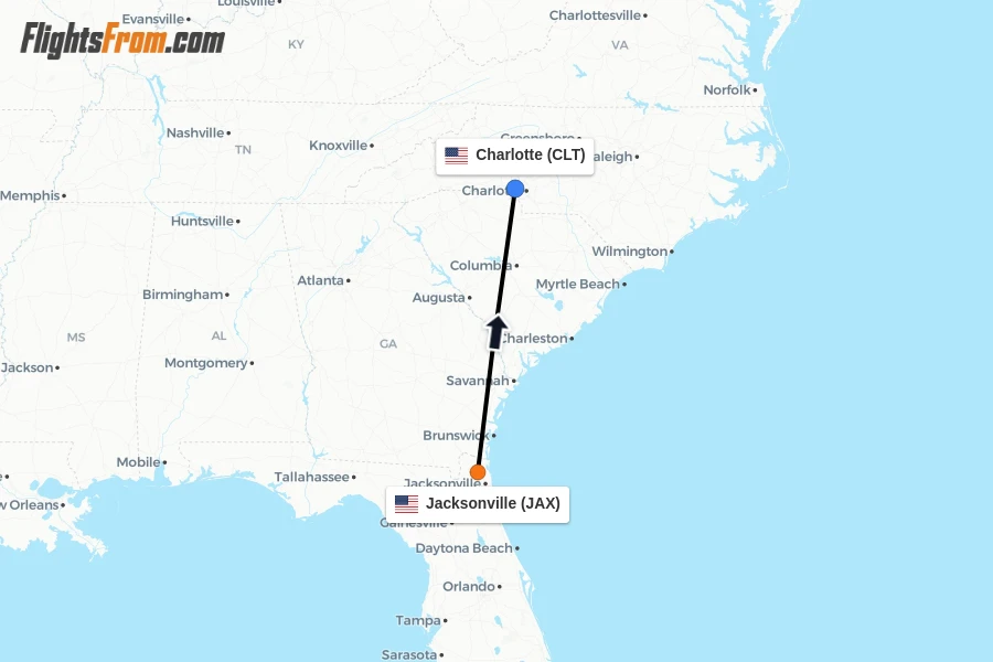 Flights from Jacksonville to Charlotte route map