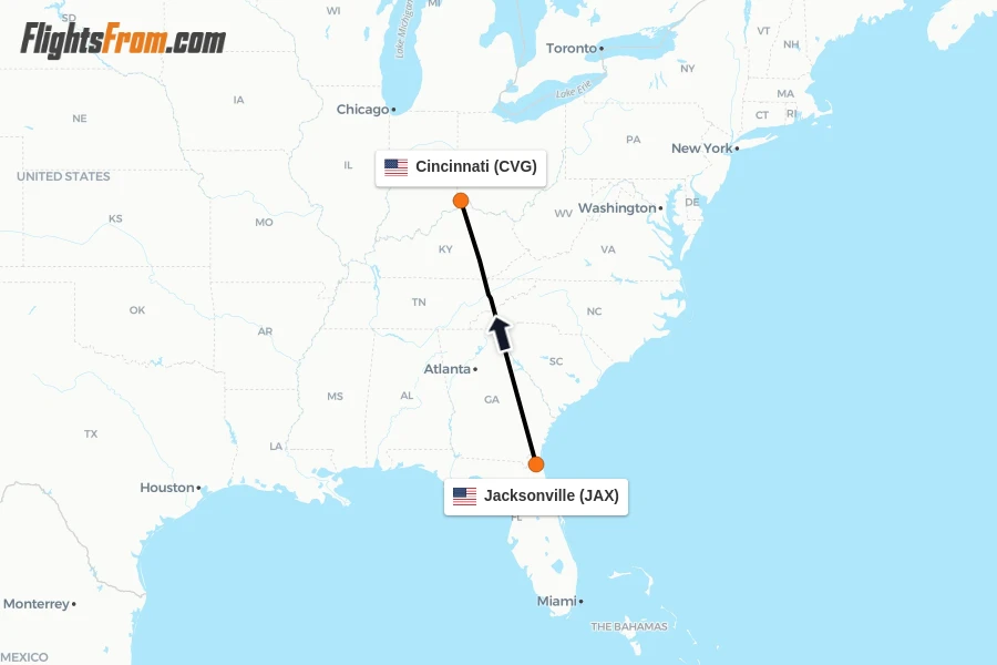Flights from Jacksonville to Cincinnati route map