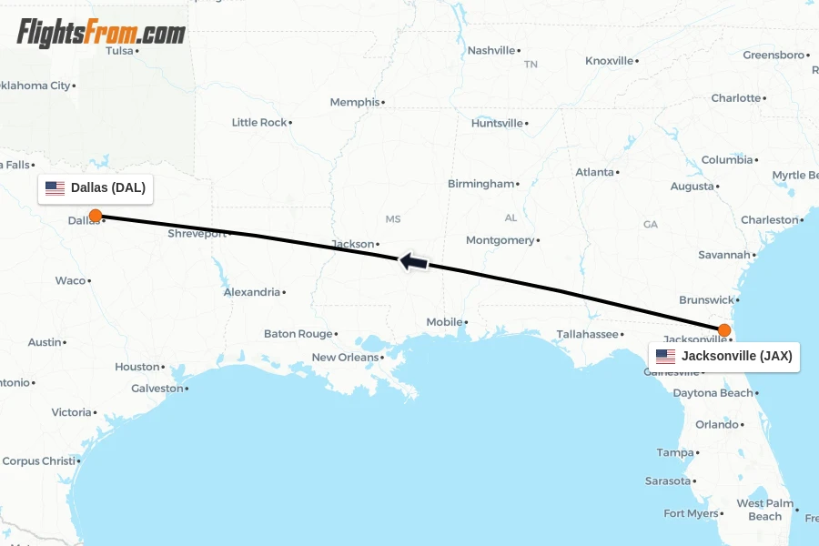 Flights from Jacksonville to Dallas route map