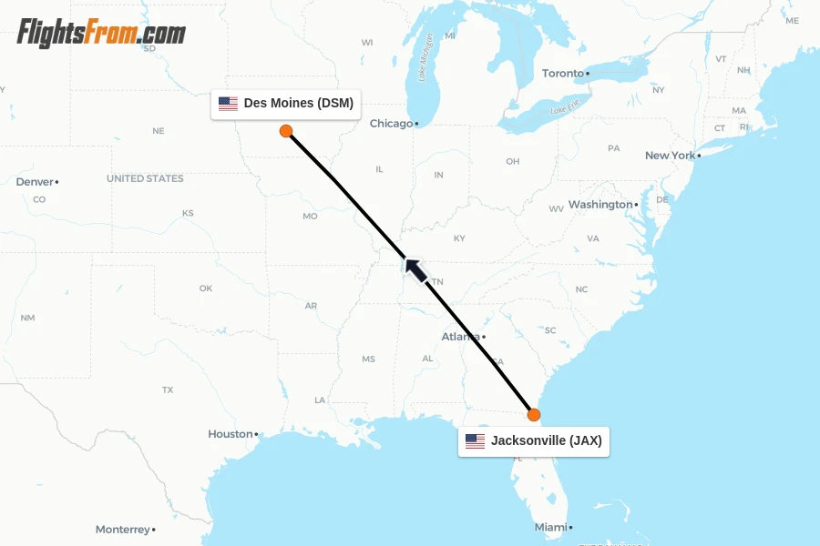 Flights from Jacksonville to Des Moines route map