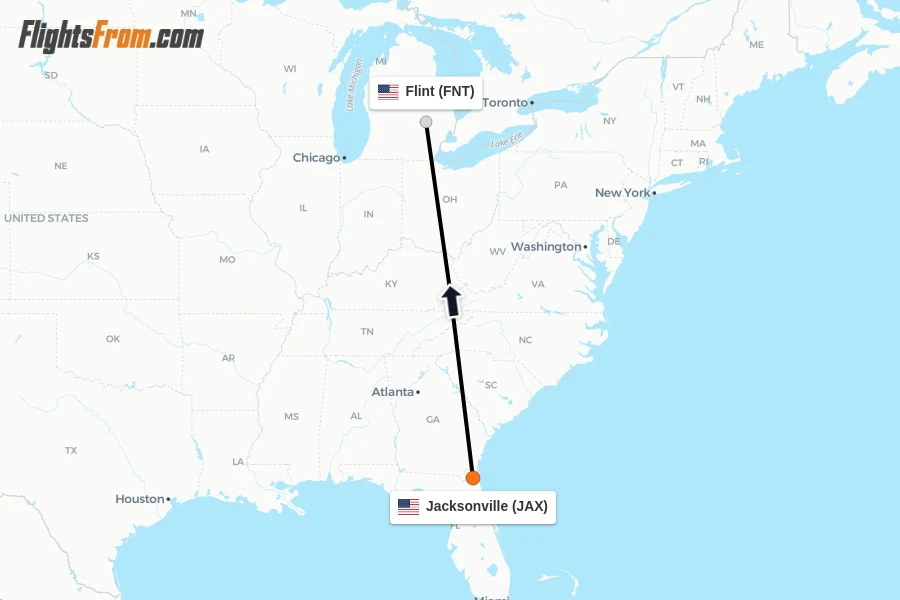Flights from Jacksonville to Flint route map