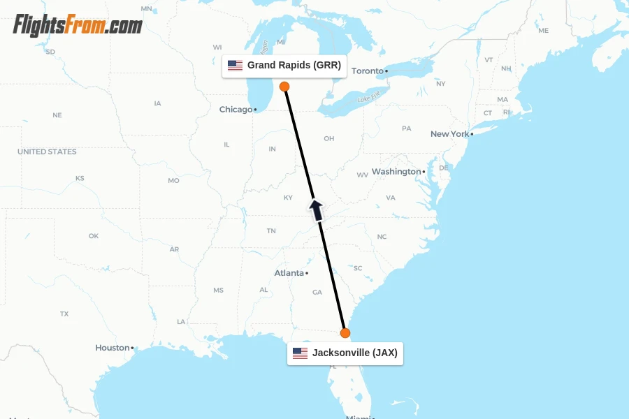 Flights from Jacksonville to Grand Rapids route map