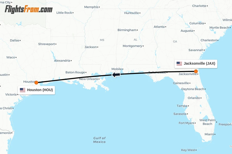 Flights from Jacksonville to Houston route map