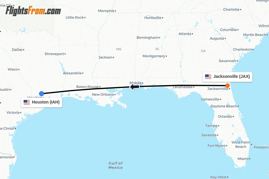 Flights from Jacksonville to Houston route map