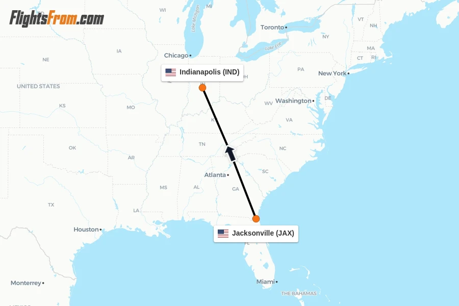 Flights from Jacksonville to Indianapolis route map