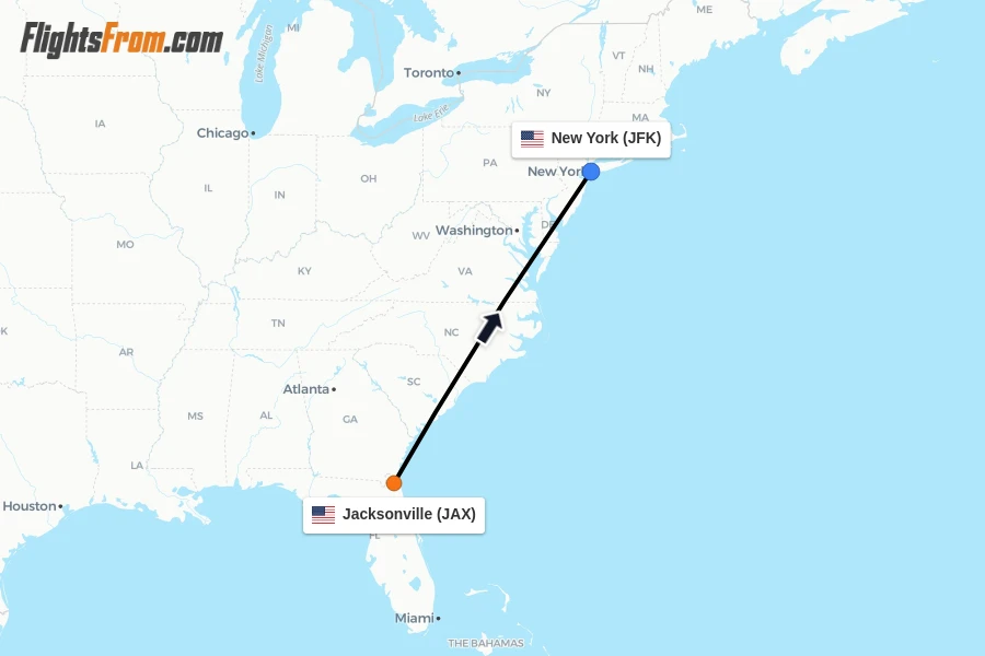 Flights from Jacksonville to New York route map