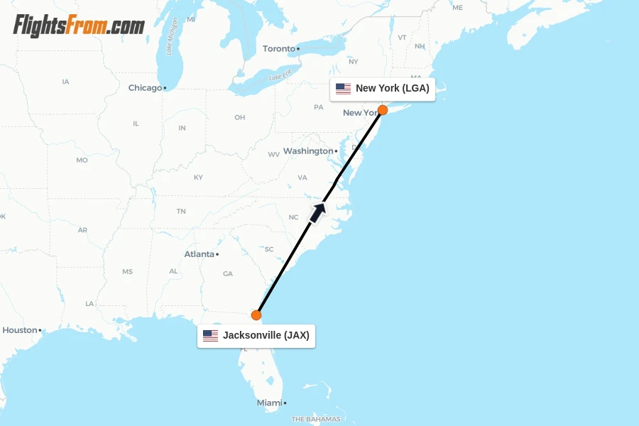 Flights from Jacksonville to New York route map