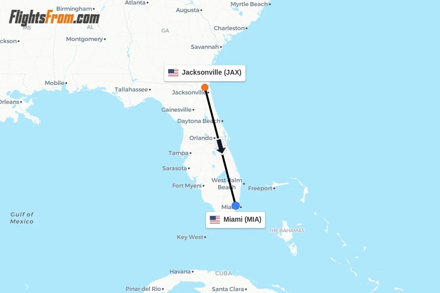 Flights from Jacksonville to Miami route map