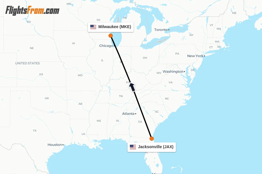 Flights from Jacksonville to Milwaukee route map