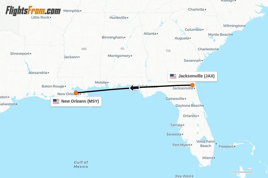 Flights from Jacksonville to New Orleans route map