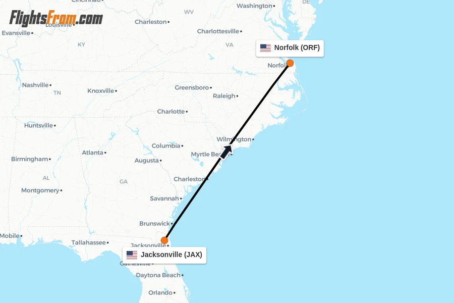 Flights from Jacksonville to Norfolk route map