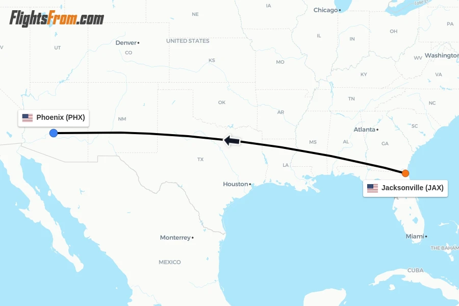 Flights from Jacksonville to Phoenix route map