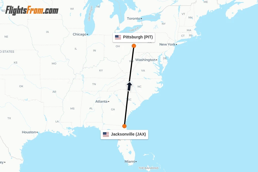Flights from Jacksonville to Pittsburgh route map
