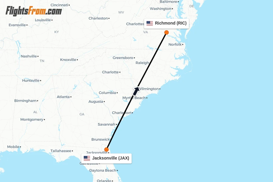 Flights from Jacksonville to Richmond route map